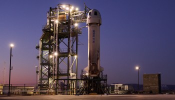 Blue Origin New Shepard suborbital rocket ship on launch pad in 2022