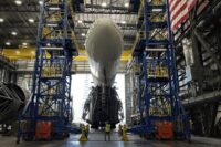 New Glenn pathfinder rocket being rolled out from Blue Origin's Florida factory